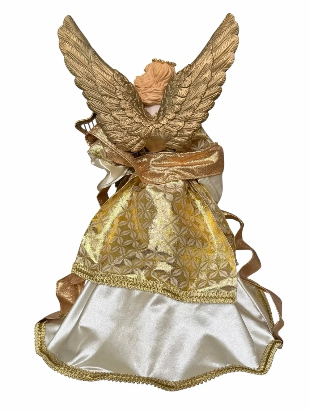 Victorian Gold Large Christmas Angel Tree Topper with Harp 17.5”H